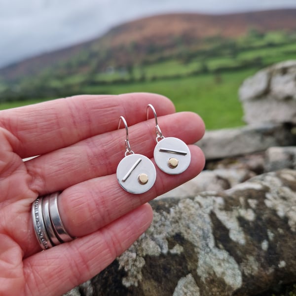 Sterling Silver Disc Earrings with 9ct Gold. Recycled Silver, Recycled Gold