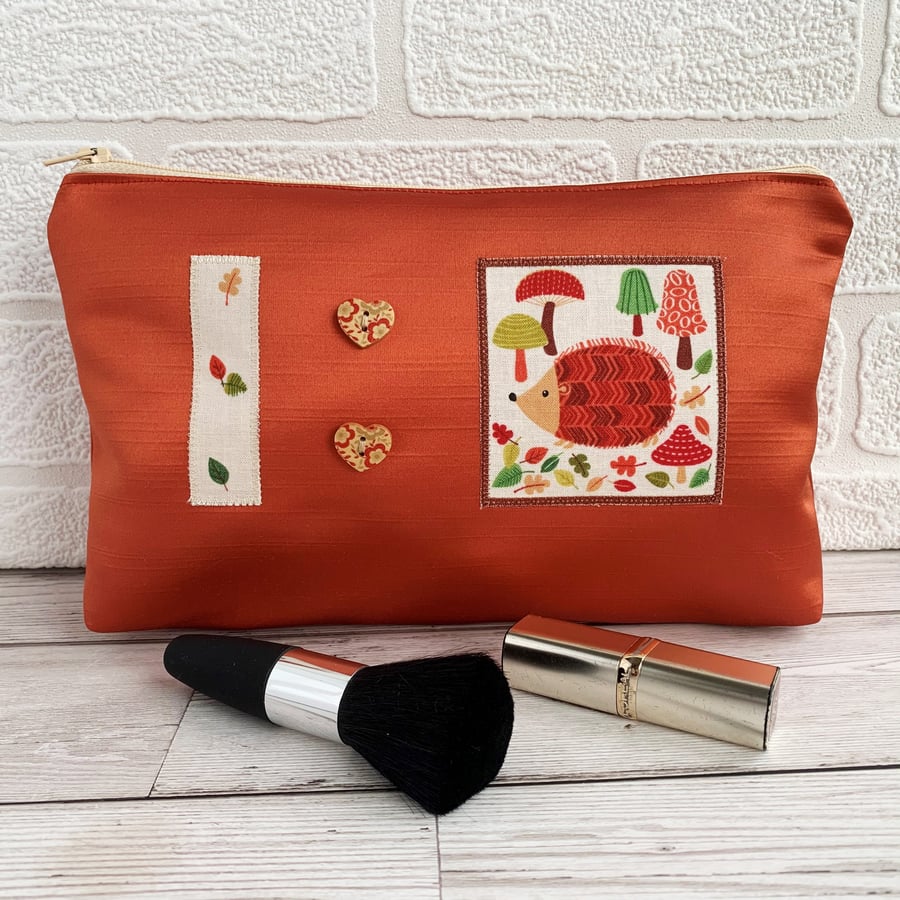 Large Woodland Make Up Bag with Hedgehog and Mushrooms