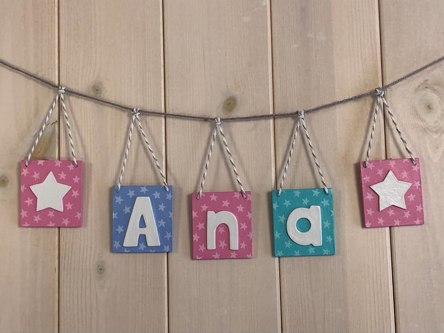 Personalised name bunting in pink blue and jade. Any Name!