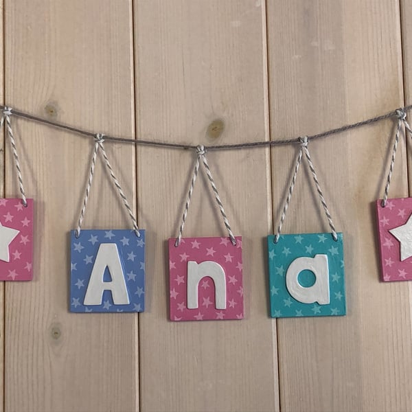 Personalised name bunting in pink blue and jade. Any Name!
