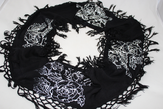 Black and white tasseled infinity scarf, handmade floral rose print, eco scarf.