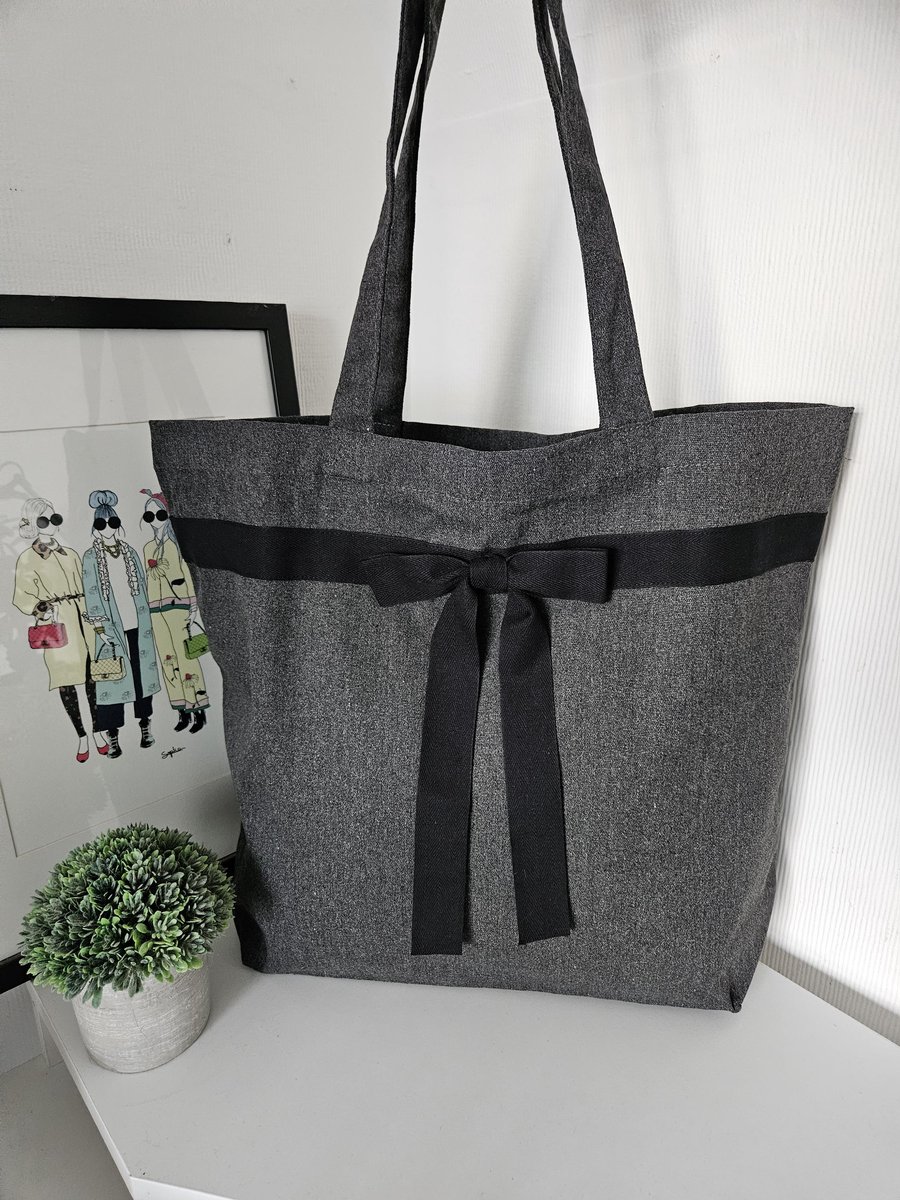 Recycled Grey Maxi Tote Bag: Herringbone Ribbon Detail