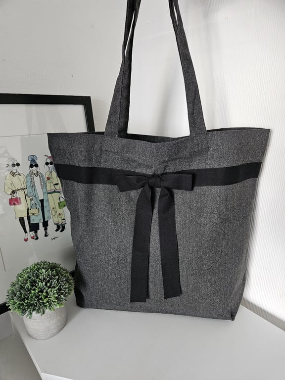 Recycled Grey Maxi Tote Bag: Herringbone Ribbon Detail