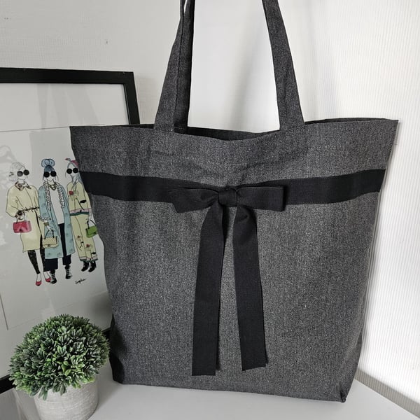 Recycled Grey Maxi Tote Bag: Herringbone Ribbon Detail