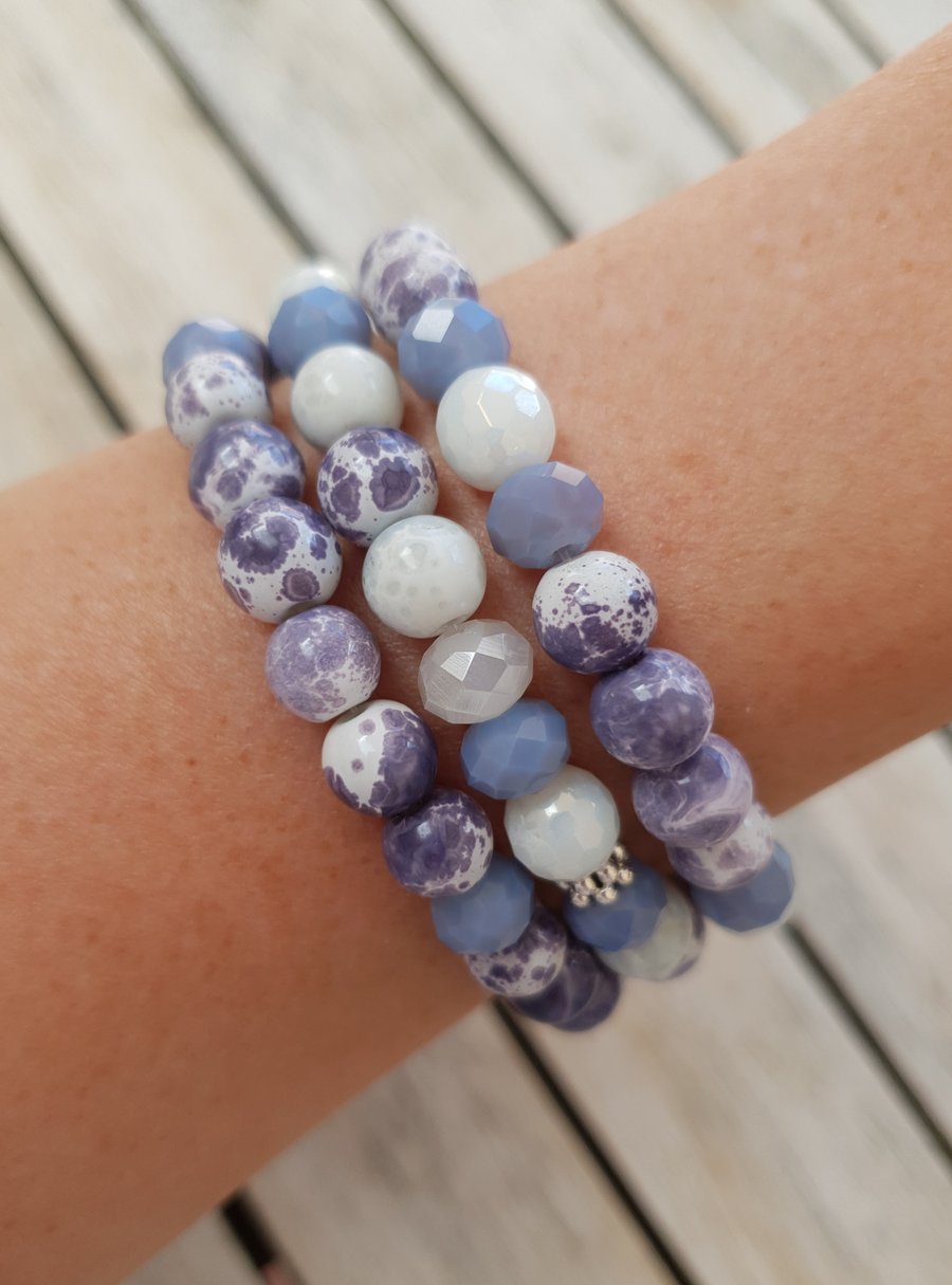 Elasticated Bracelet Stack - Purple & White Marble Mixed Beads - Set of Three