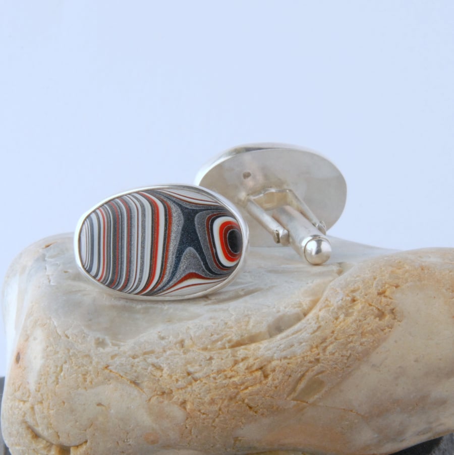 Sterling silver and blue, grey fordite cufflinks