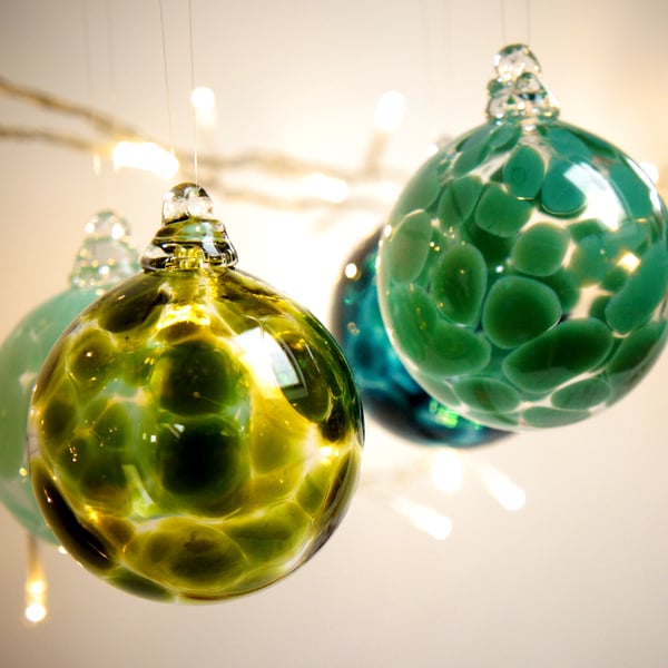 Mini Sargasso Green Handmade Blown Glass Christmas Bauble