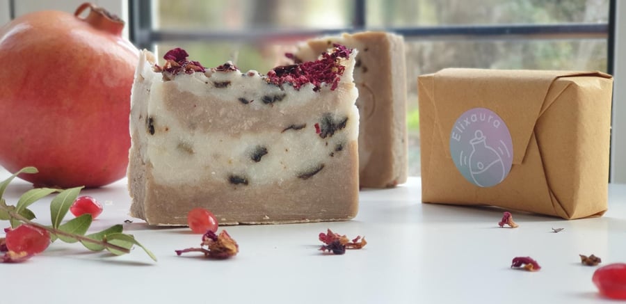 Handmade Pomegranate and Rose Soap Bar with naturally dried Rose petals and Pome