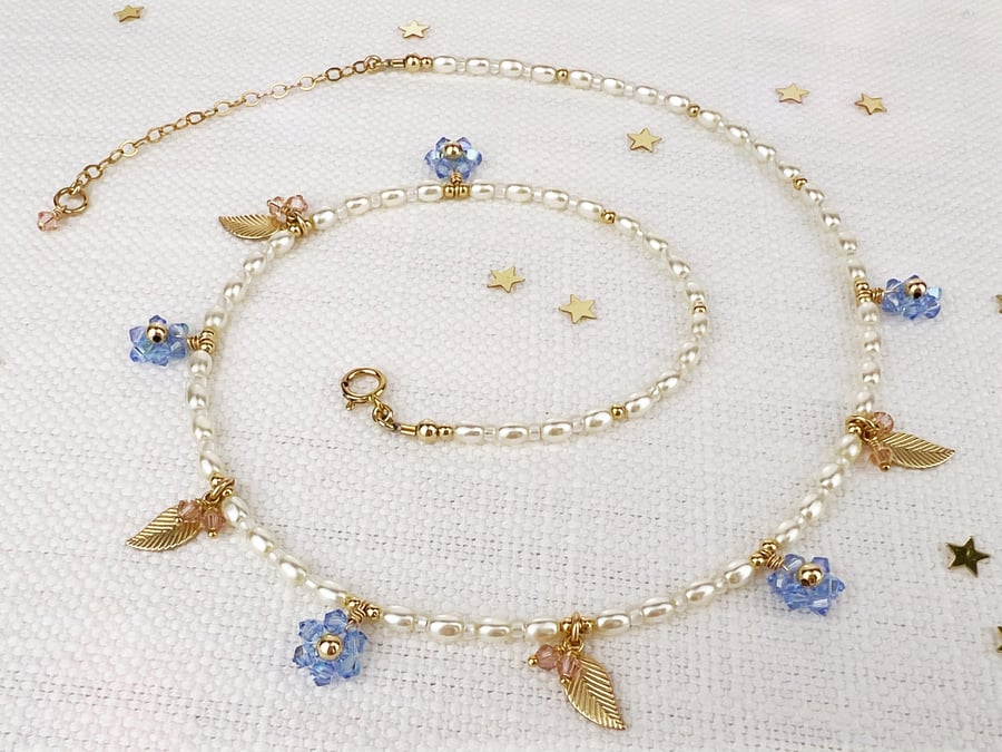 Crystal Forget Me Not Beaded Pearl Necklace