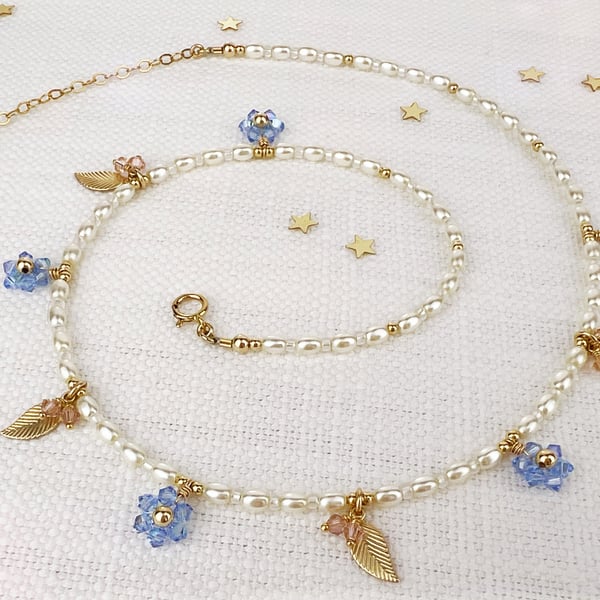 Crystal Forget Me Not Beaded Pearl Necklace