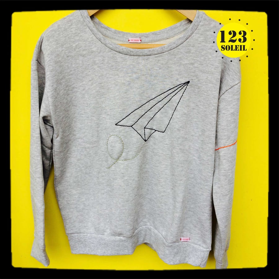 Hand embroidered sweatshirt with origami paper plane design UK 12  eur 40