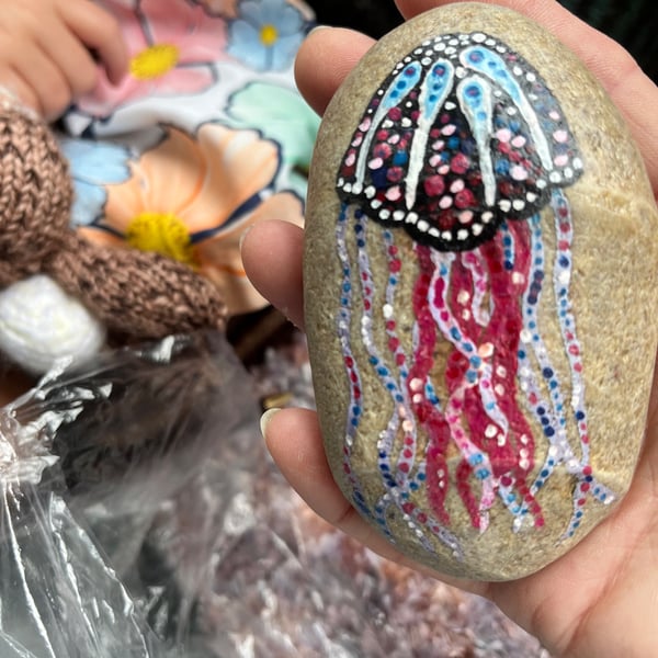 Jellyfish under the waves and sea abstract hand painted paperweight 