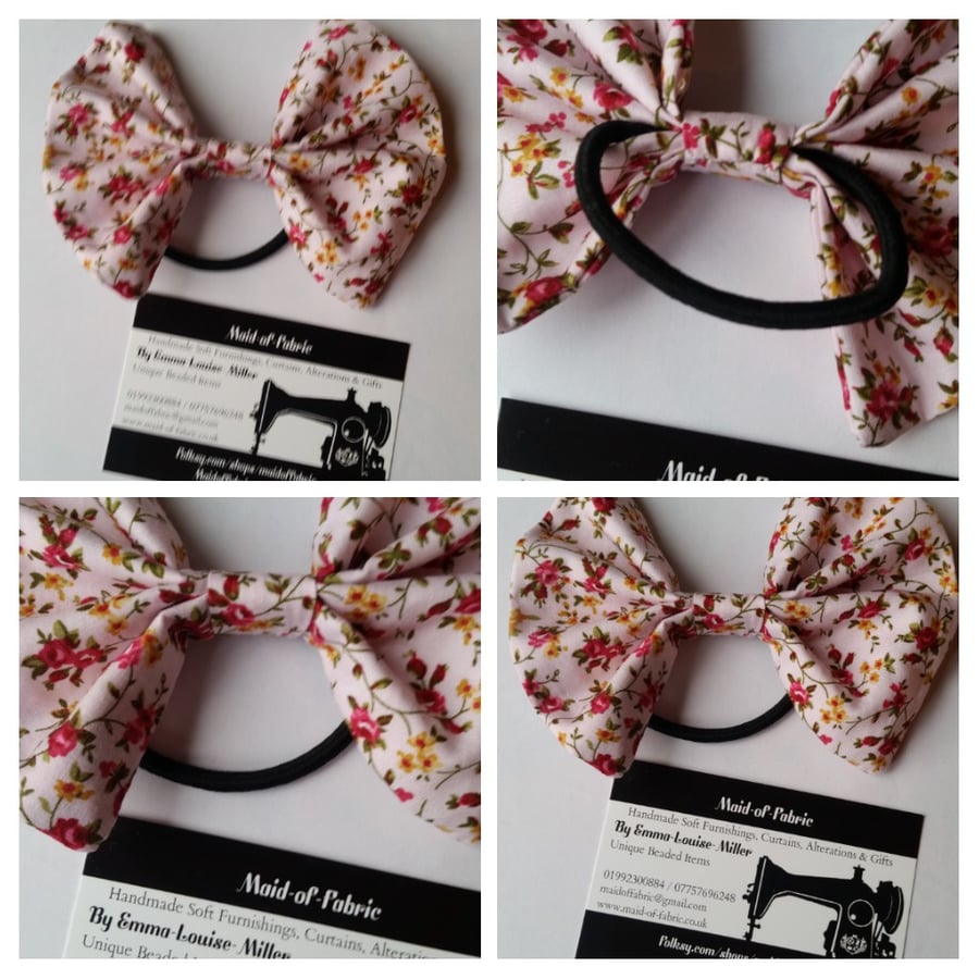 Hair bobble bow band in pink floral fabric. 3 for 2 offer.  
