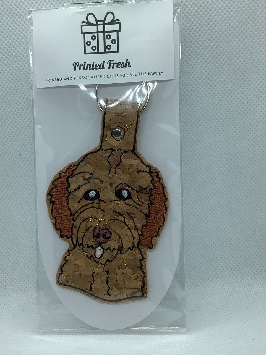 Embroidered tan Faux cork labradoodle key ring