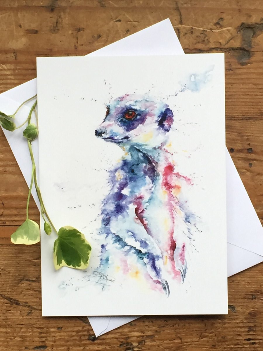 Meerkat Greetings Card, Wildlife Watercolour Art, Blank Card, Watercolours by Sa