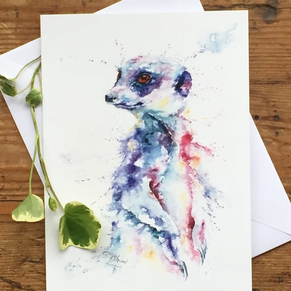 Meerkat Greetings Card, Wildlife Watercolour Art, Blank Card, Watercolours by Sa