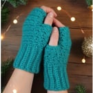 Handmade Crochet Fingerless Gloves Teal Blue Wrist Warmers Soft Winter Mittens