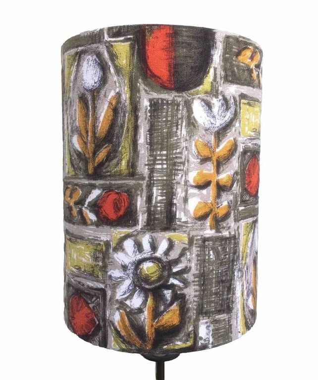 50s Retro Daisy Rose Flower Pots Barkcloth Vintage Fabric Lampshade option 