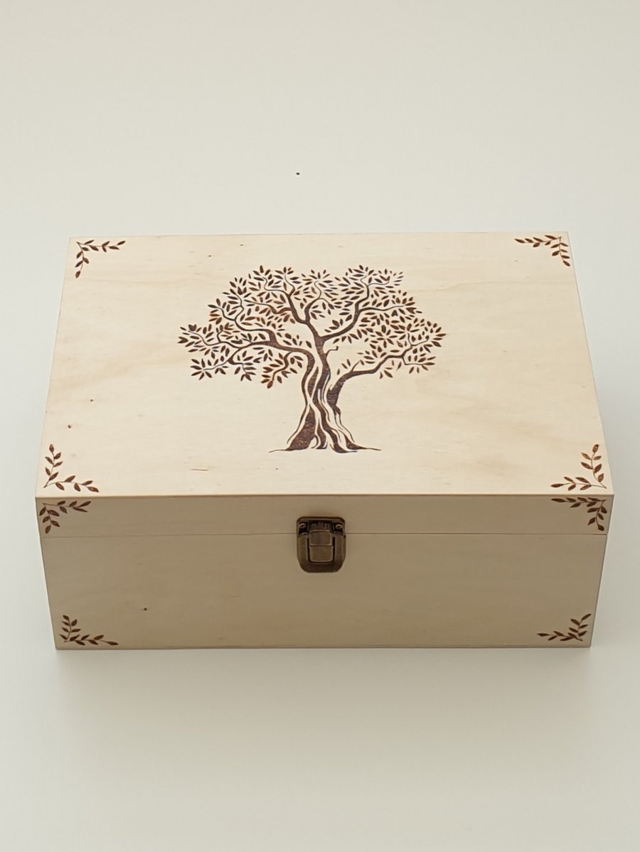 Memory, keepsake, wooden storage box with woodburned tree design