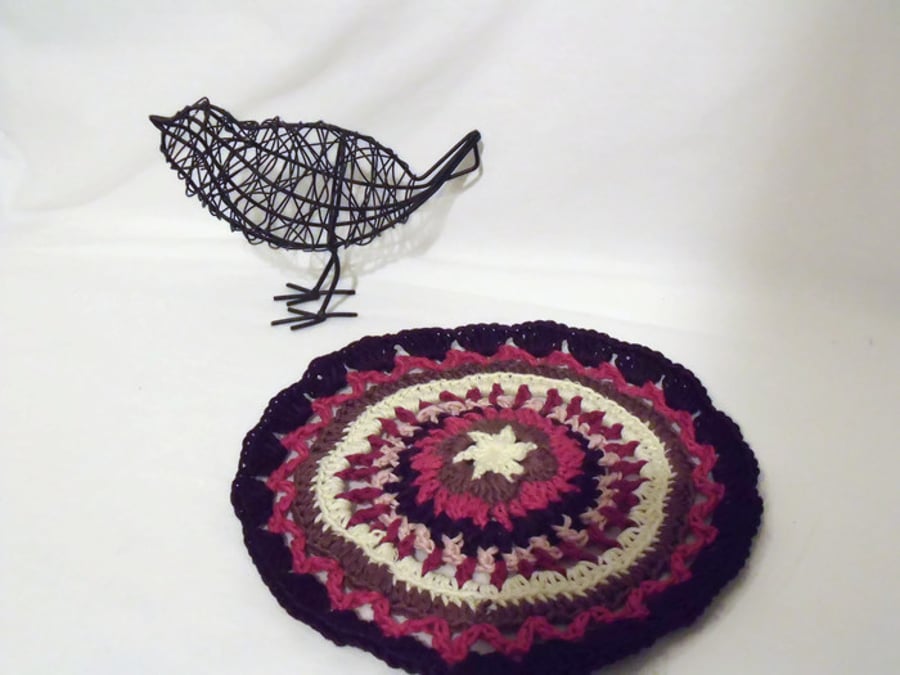purple crocheted cotton doily, 8 inch pink crochet mandala 
