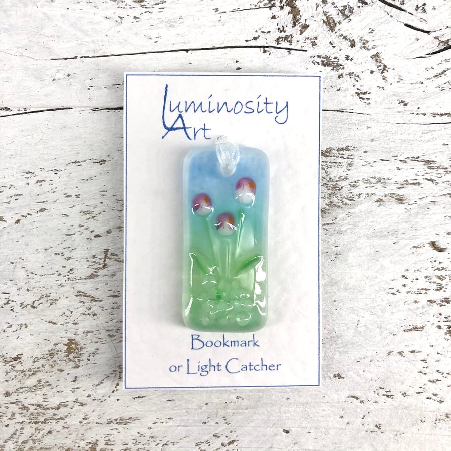 Glass Bookmark or Light Catcher with Pink Flowers