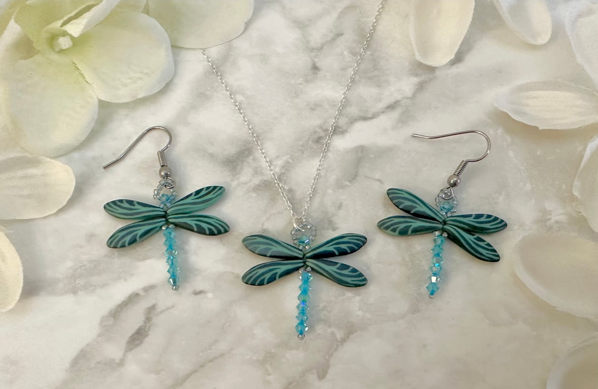 Dragonfly Necklace & Earring Set - Matt Green Turquoise