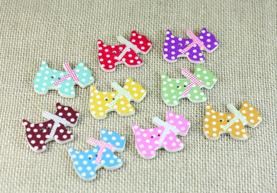 10 Dog Shaped Buttons, Painted Dog Buttons, Wooden Polka Dot Buttons