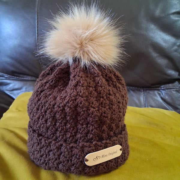 Handmade crochet hat with fur bobble