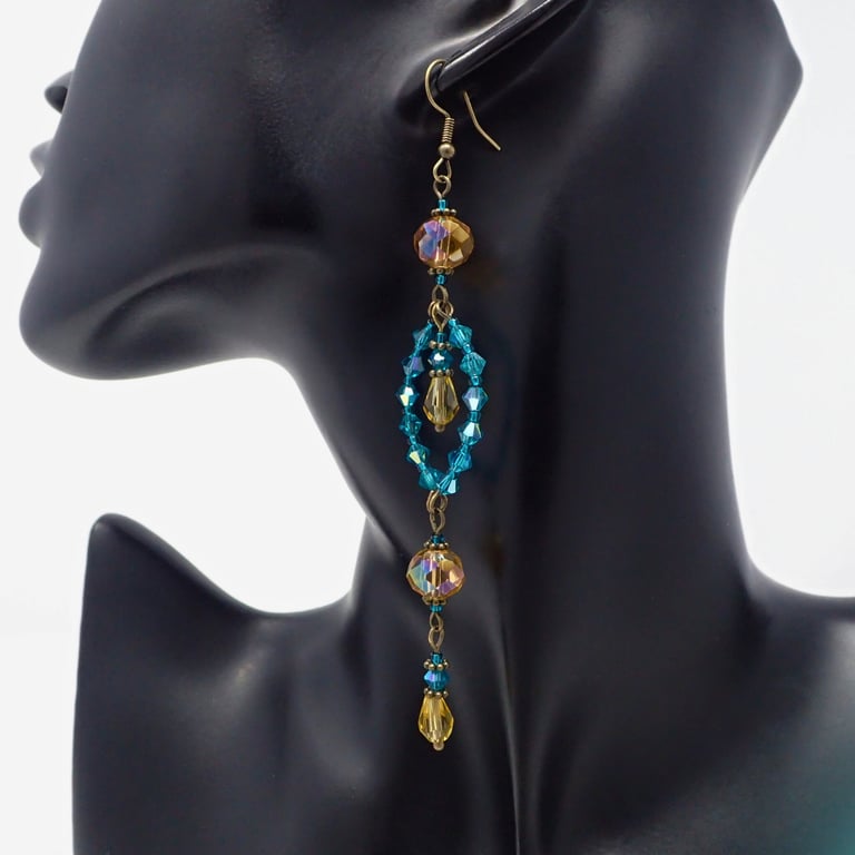 Statement Gold and Teal Chandelier Dangle Earrings with Crystals