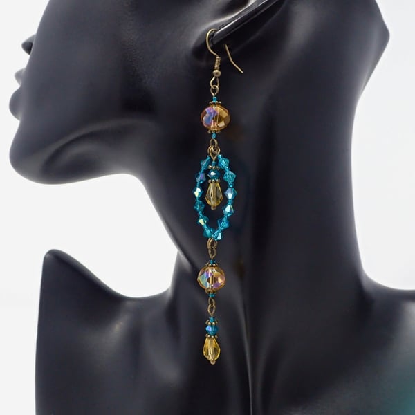 Statement Gold and Teal Chandelier Dangle Earrings with Crystals