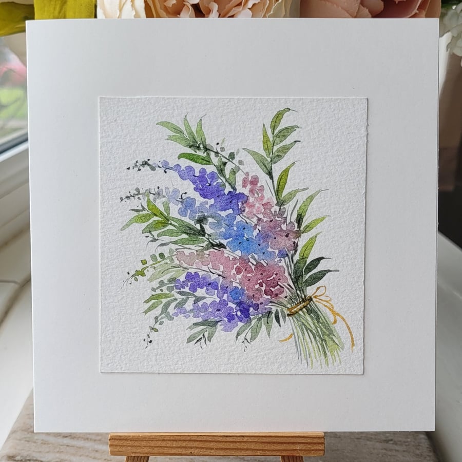 Original watercolor greeting card, hand painted blank card, bunch of flowers