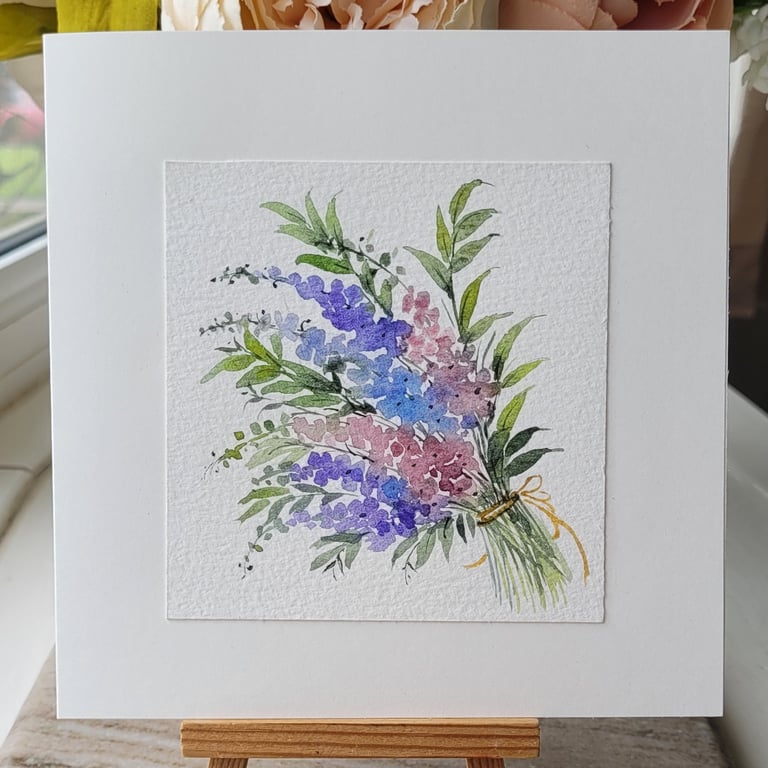 Original watercolor greeting card, hand painted blank card, bunch of flowers