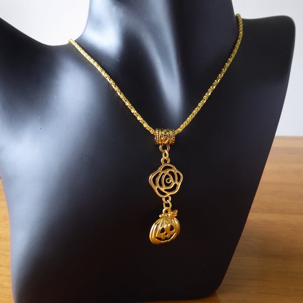 Golden Rose & Pumpkin Pendant Necklace with 22 inch chain