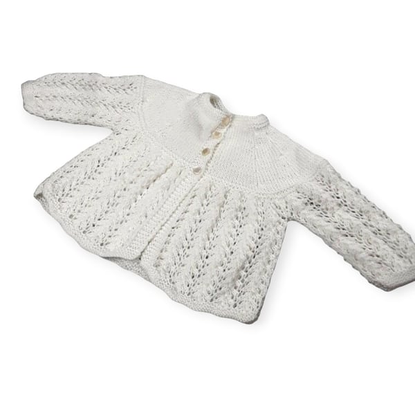 Hand Knitted Baby Cardigan 3-6 Months Cream Matinee Coat, Lacy Pattern