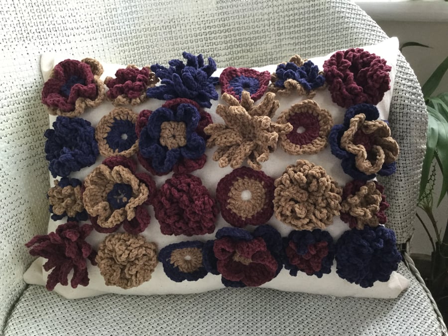 Crocheted chenille flower cushion cover