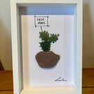 Cactus, pebble art, framed picture, wall decoration, sea glass, gift for friend 