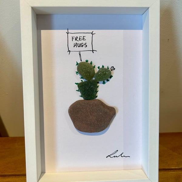 Cactus, pebble art, framed picture, wall decoration, sea glass, gift for friend 