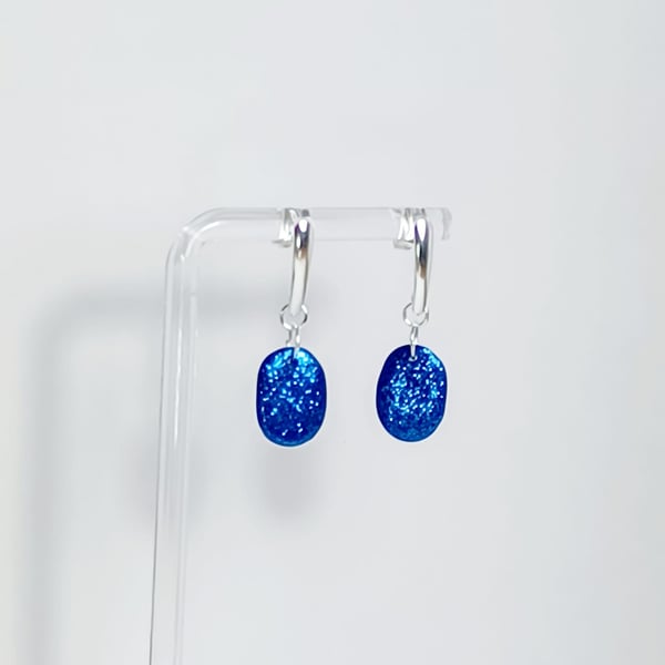 Small royal blue sparkle oval dangle earrings      