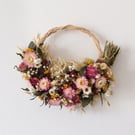 Dried pink strawflower and eucalyptus wreath 