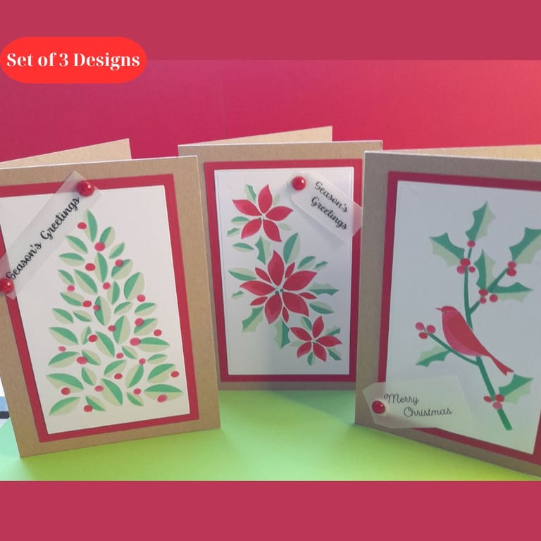 Set of 3 Handmade Cards - 3 Designs with Greeting - Traditional Red & Green