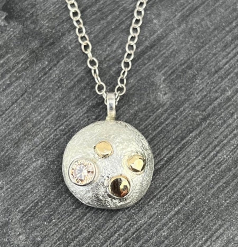 Morganite Moon Pebble Pendant, pebble necklace, morganite necklace, mixed metals