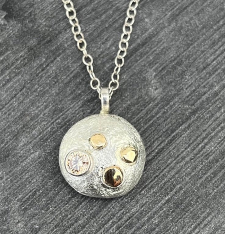 Morganite Pendant, pebble necklace, moon necklace, mixed metals, 