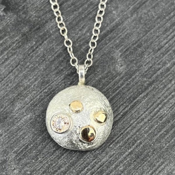 Morganite Moon Pebble Pendant, pebble necklace, morganite necklace, mixed metals