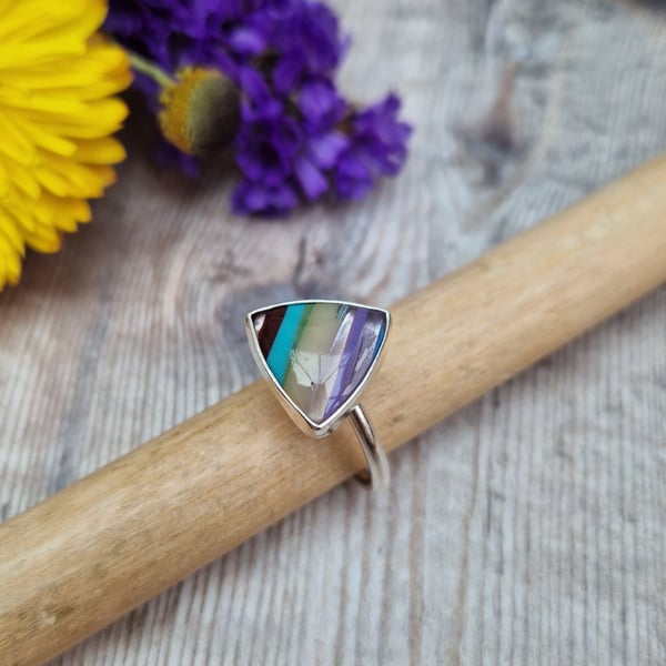 Sterling Silver Stripey Surfite Triangle Ring  - UK Size T