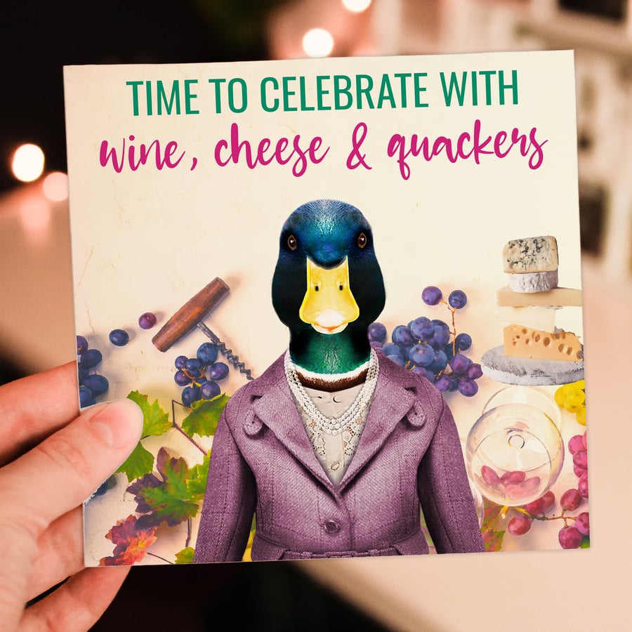 Duck congratulations card: Wine, cheese and quackers (Animalyser)
