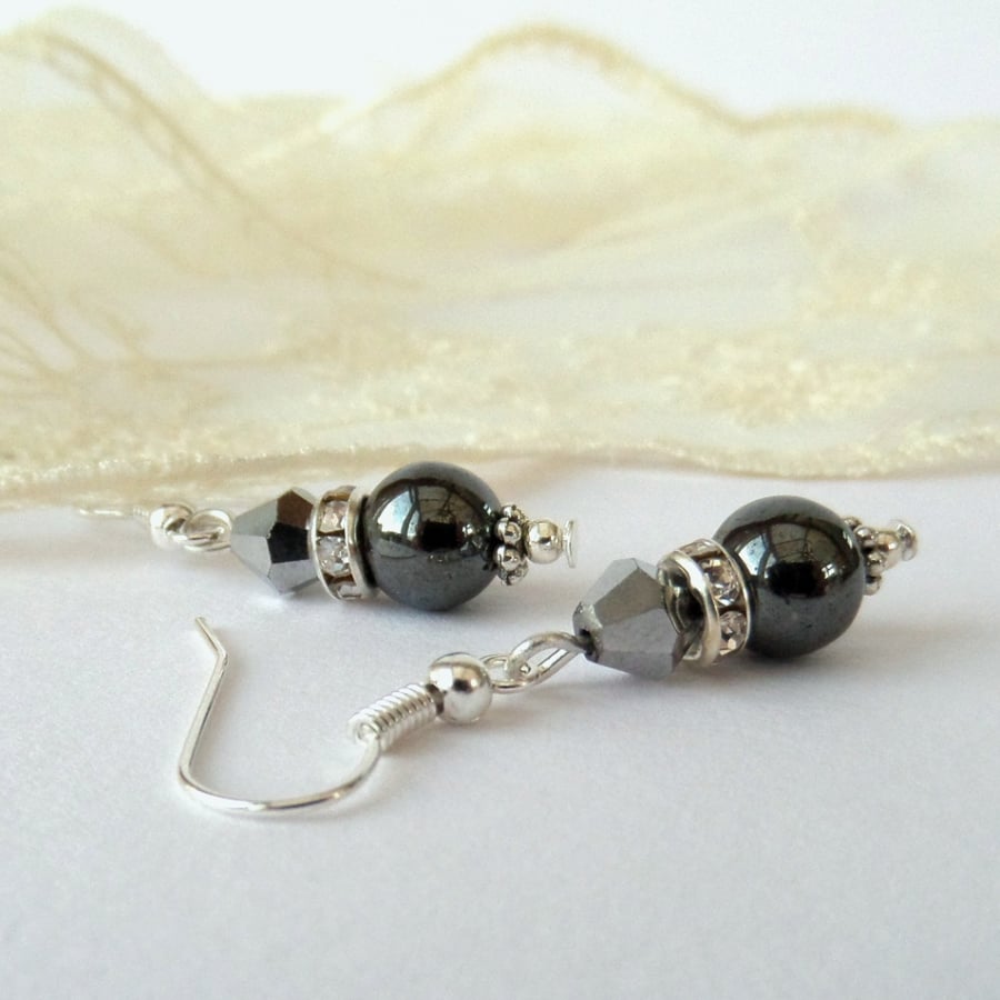 Silver crystal and hematite handmade earrings