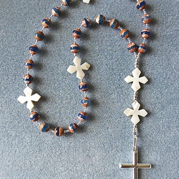Anglican Prayer Beads with Tibetan Agate, Mother of Pearl and Sterling Silver