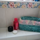 Wash bag, cosmetics bag, make up bag. Patchwork in green, pink and cream