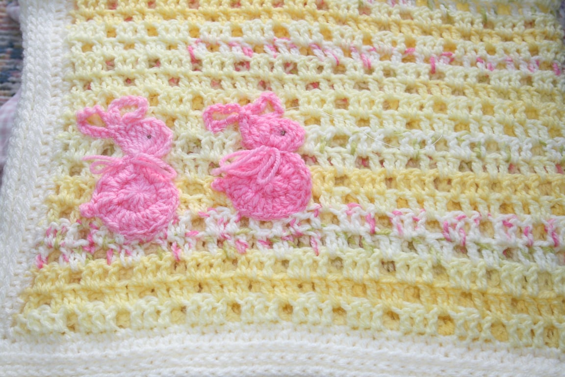 Handmade Crochet Baby Blanket with Bunny Applique  - Cosy treasured keepsake