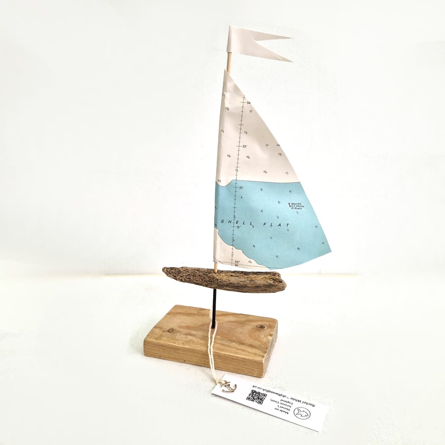 Lancashire - Morecambe Bay driftwood sailboat, authentic nautical map sail